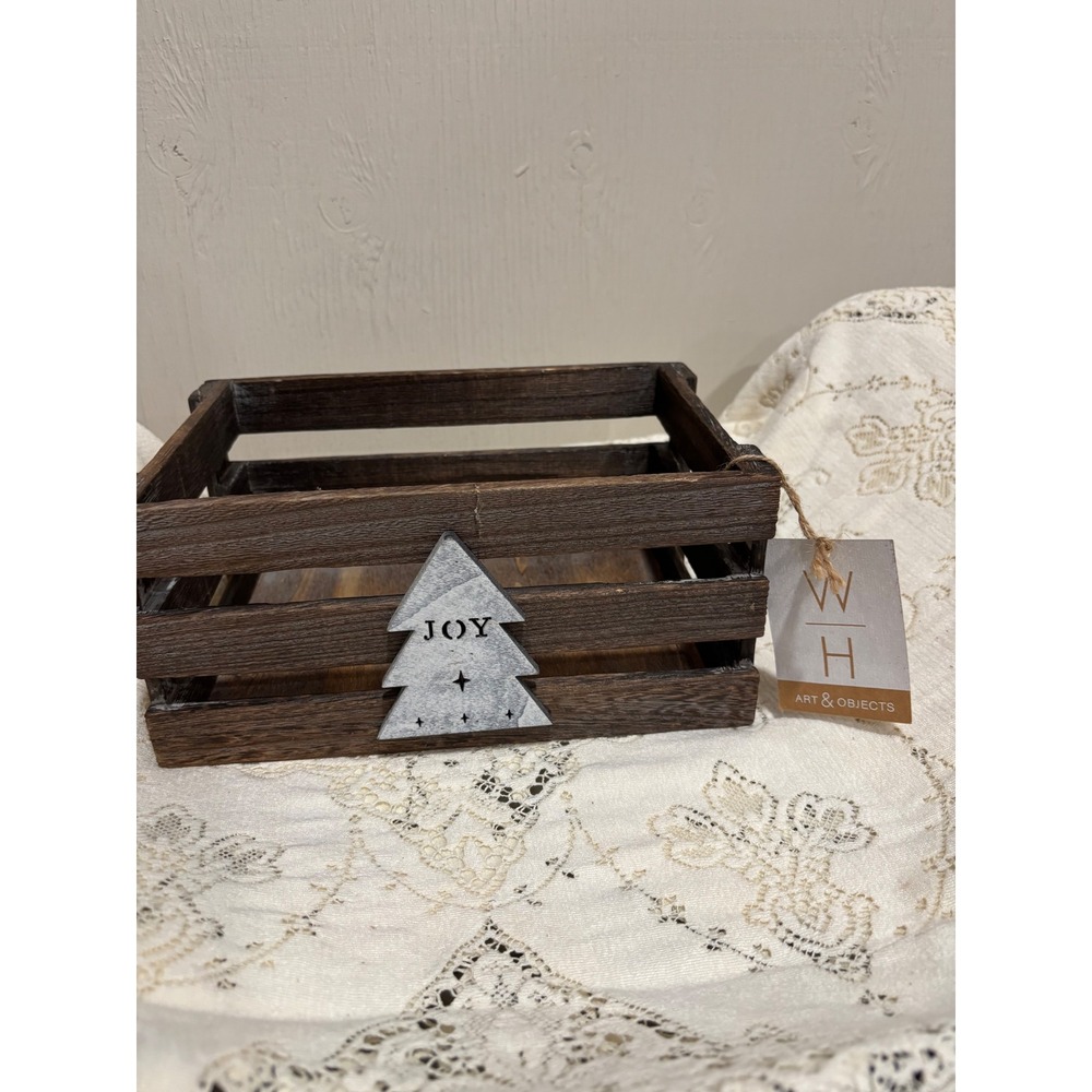 W&H Art & Objects Wooden Holiday Crate Joy Christmas Tree Rustic Gift Basket 8in